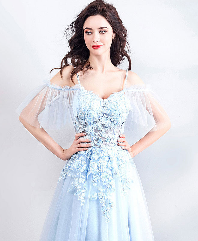 Light Blue Lace Tulle Long Prom Dress, Evening Dress