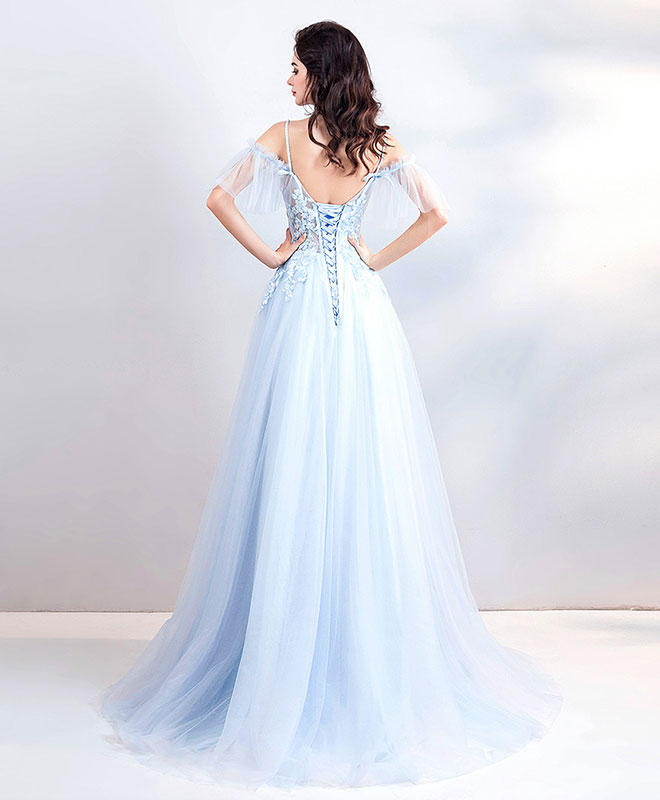 Light Blue Lace Tulle Long Prom Dress, Evening Dress