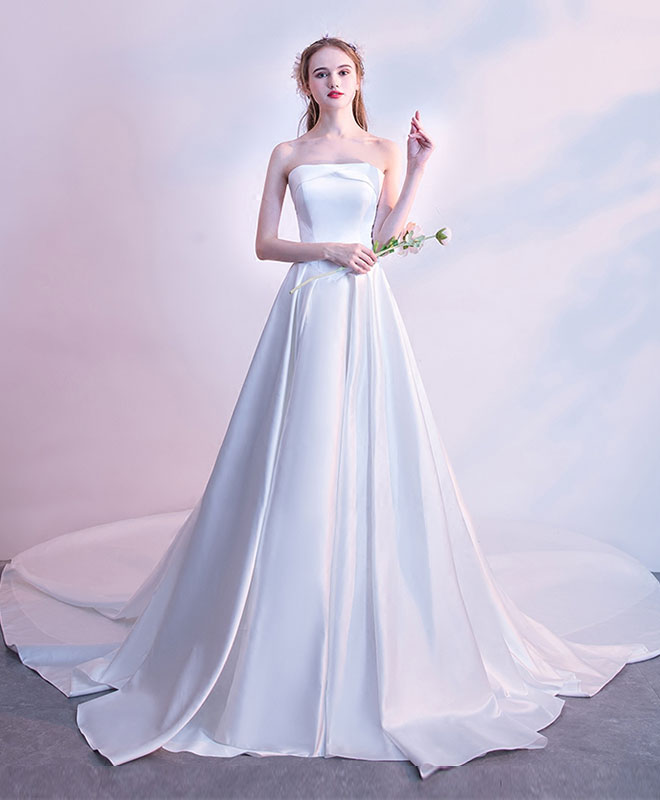 White Long Prom Dress, Satin Long Wedding Dress