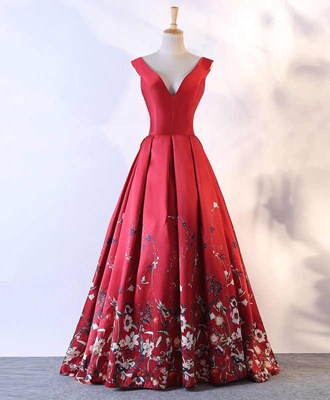 Red Floral Pattern Long Prom Dress, Red Evening Dress