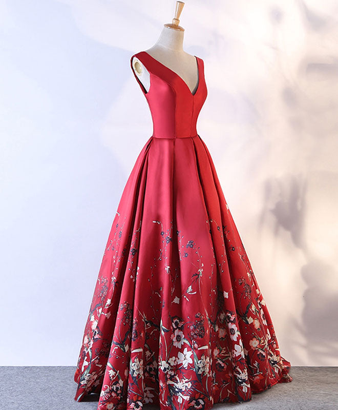 Red Floral Pattern Long Prom Dress, Red Evening Dress