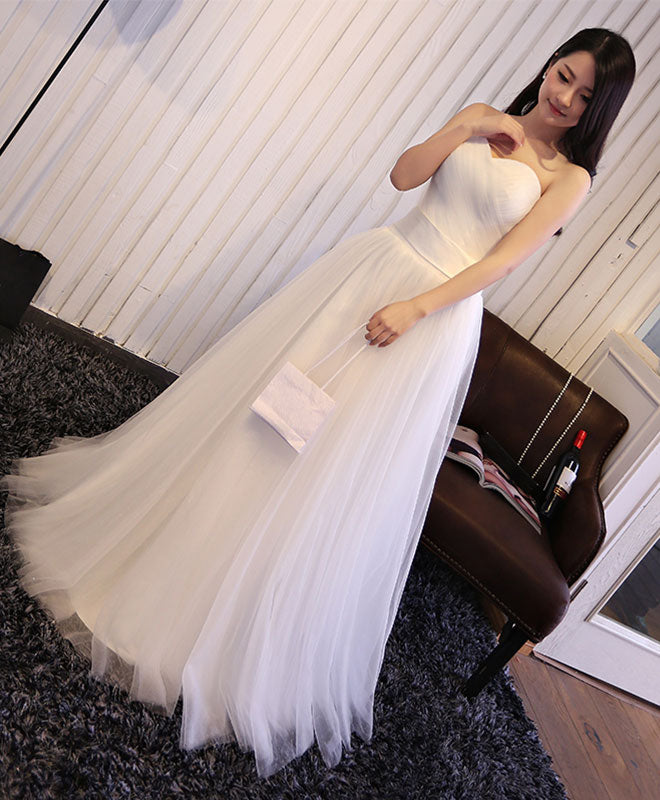 White Sweetheart Neck Tulle Long Prom Dress, Wedding Dress