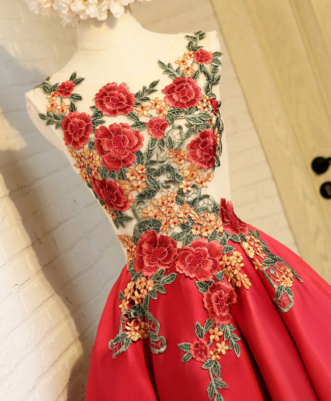 Cute Red Lace High Low Prom Dress, Homecoming Dress US 14 / Red