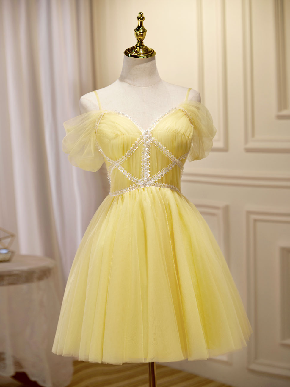 shopluu Mini/Short Yellow Prom Dresses, Yellow Cute Homecoming Dress with Beading Lace US 6 / Custom Color