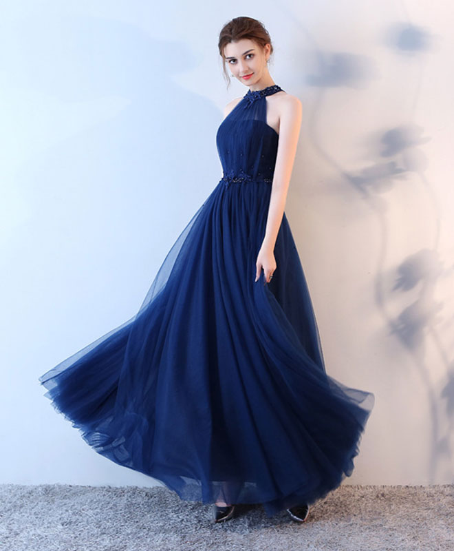 Blue Halter Tulle Long Prom Dress, Blue Evening Dress