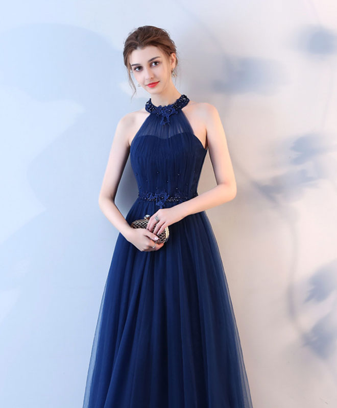 Blue Halter Tulle Long Prom Dress, Blue Evening Dress – shopluu