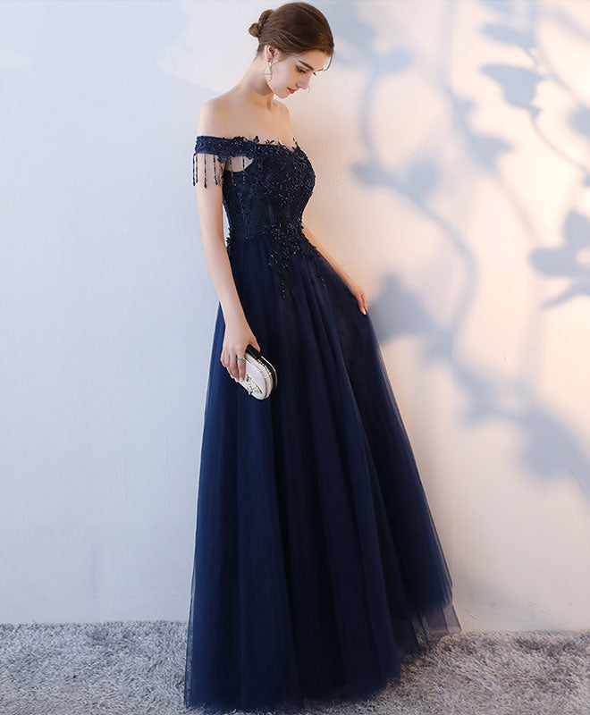 Dark Blue Tulle Beaded Long Prom Dress, Blue Evening Dress