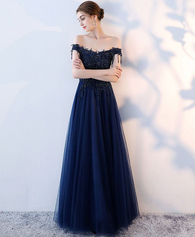 Dark Blue Tulle Beaded Long Prom Dress, Blue Evening Dress