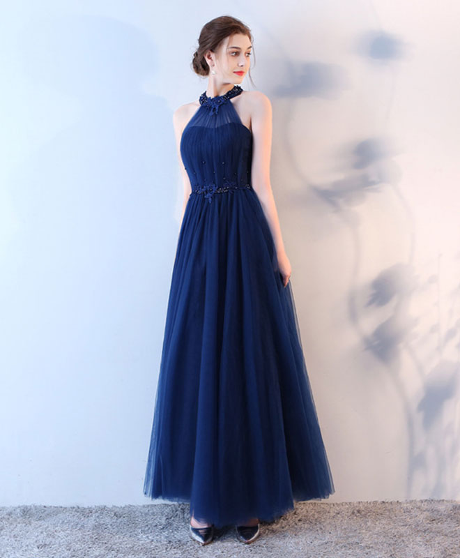 Blue Halter Tulle Long Prom Dress, Blue Evening Dress