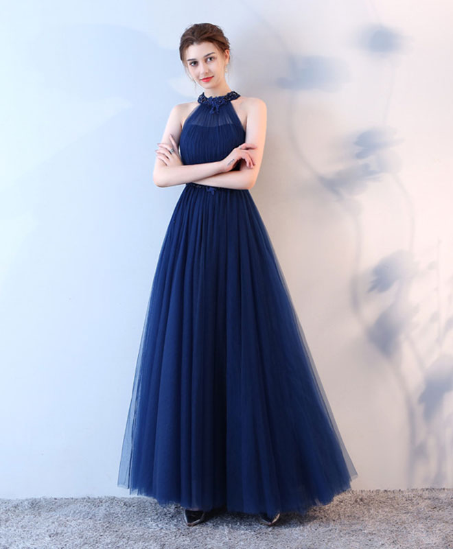 Blue Halter Tulle Long Prom Dress, Blue Evening Dress